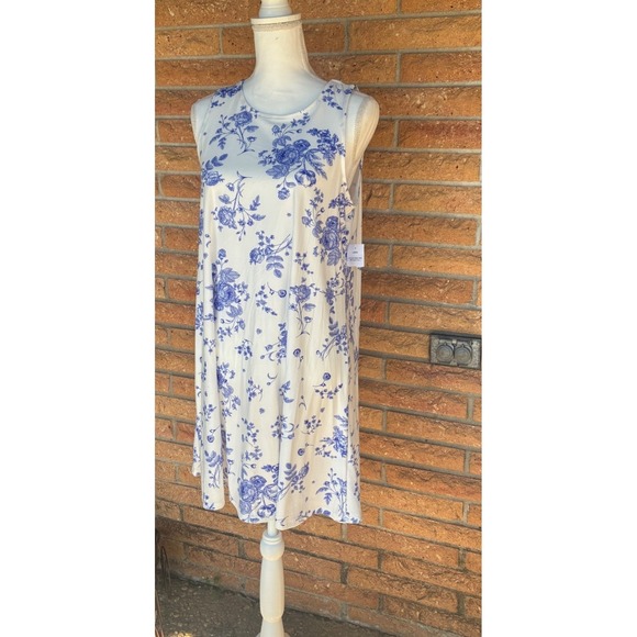 Floral Toile Stretchy Boho Swing Dress W Medium Blue White NWT Sleeveless A-Line - Picture 4 of 11
